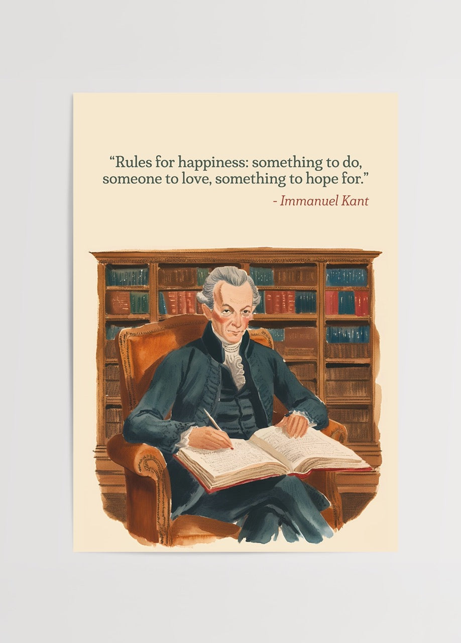 Immanuel Kant alıntılı kitaplık önünde oturan illüstrasyonlu poster – Hiwell x Yaris Koleksiyonu