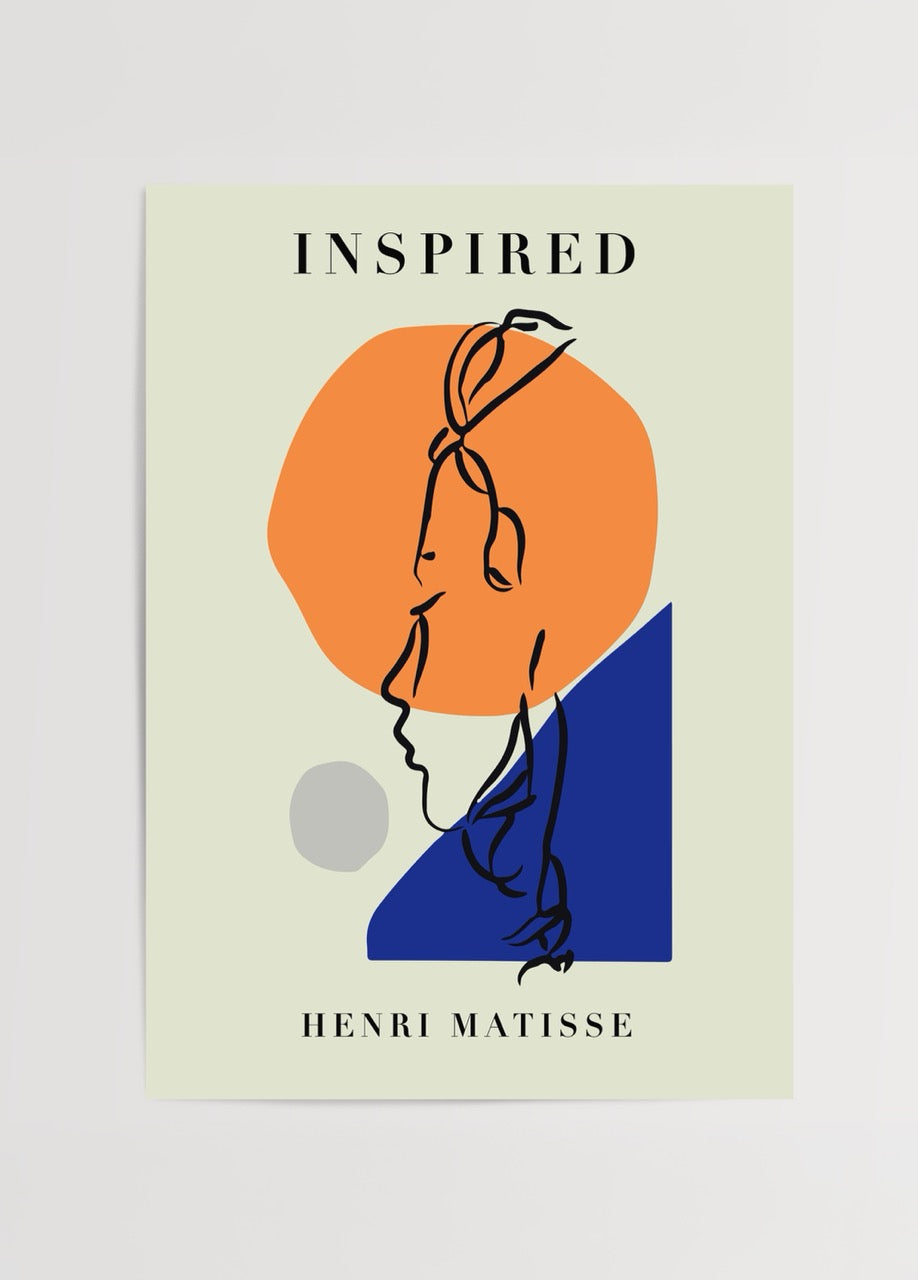 Henri Matisse ilhamlı, turuncu ve lacivert renk bloklu, çizgiyle çizilmiş modern yüz illüstrasyonu posteri