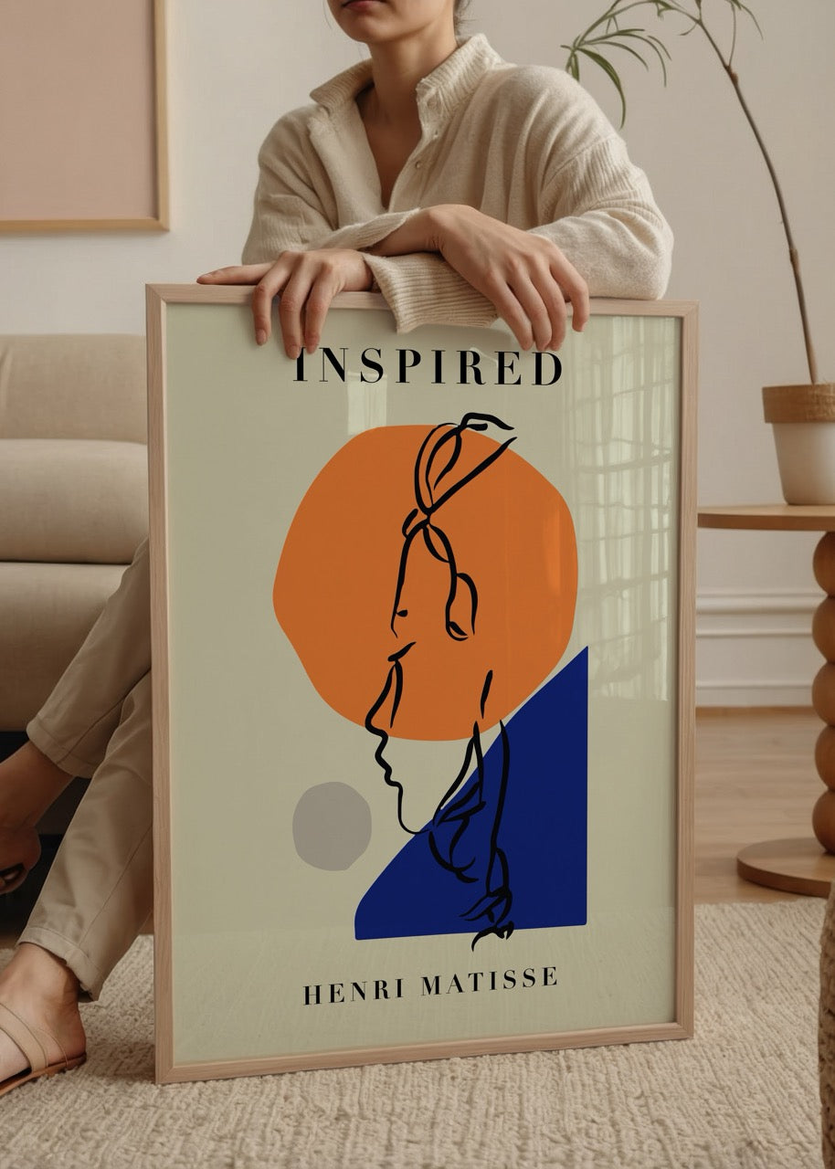 Henri Matisse ilhamlı, turuncu ve lacivert renk bloklu, çizgiyle çizilmiş modern yüz illüstrasyonu posteri
