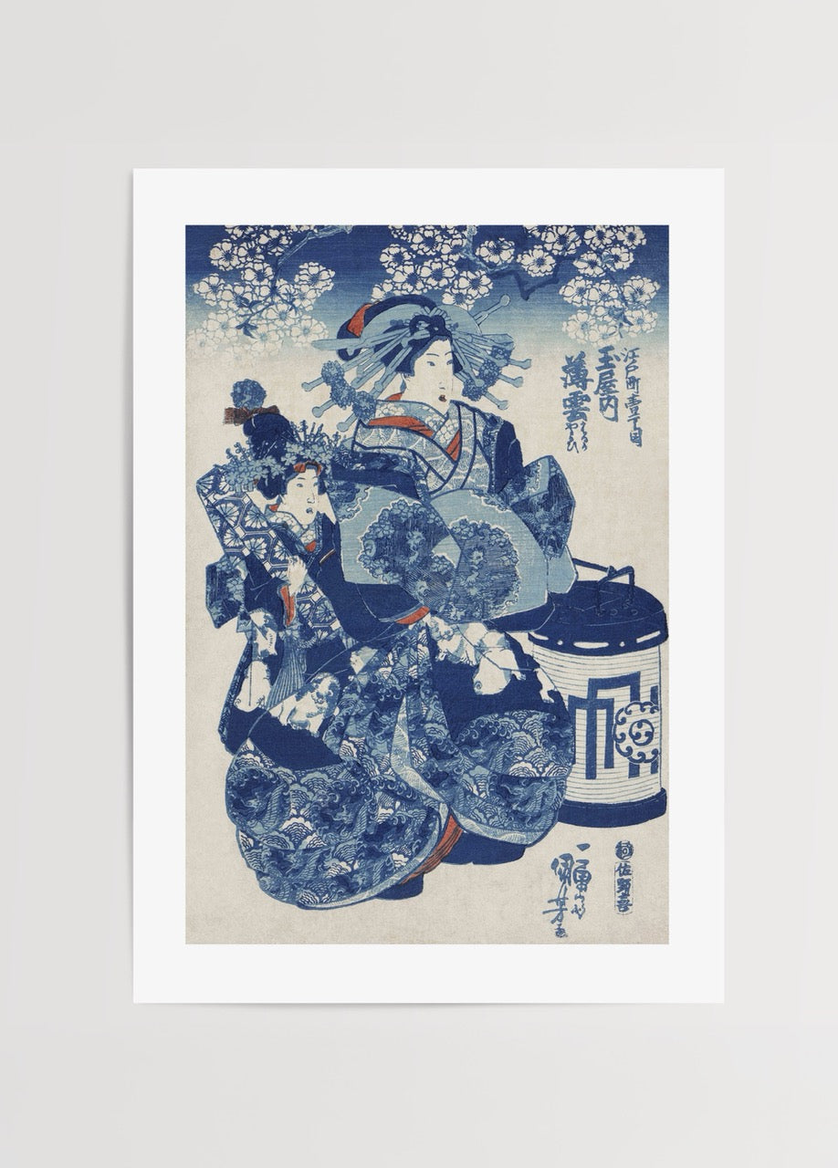 Geleneksel Japon ukiyo-e tarzında figürlü mavi tonlu sanat posteri