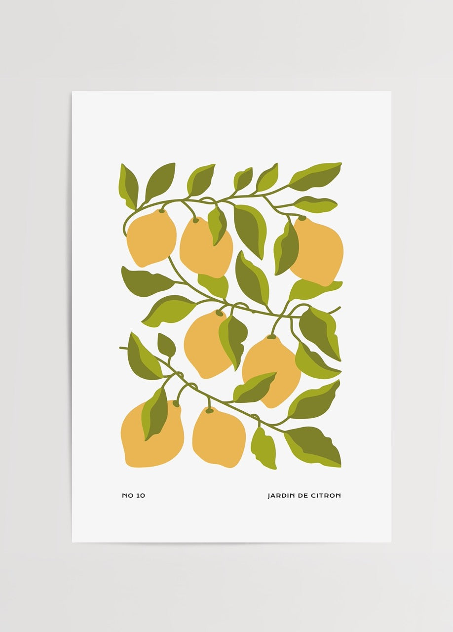 Modern stilize limonlar ve yapraklarla illüstrasyon posteri, beyaz arka plan üzerinde sarı ve yeşil renklerde çizim