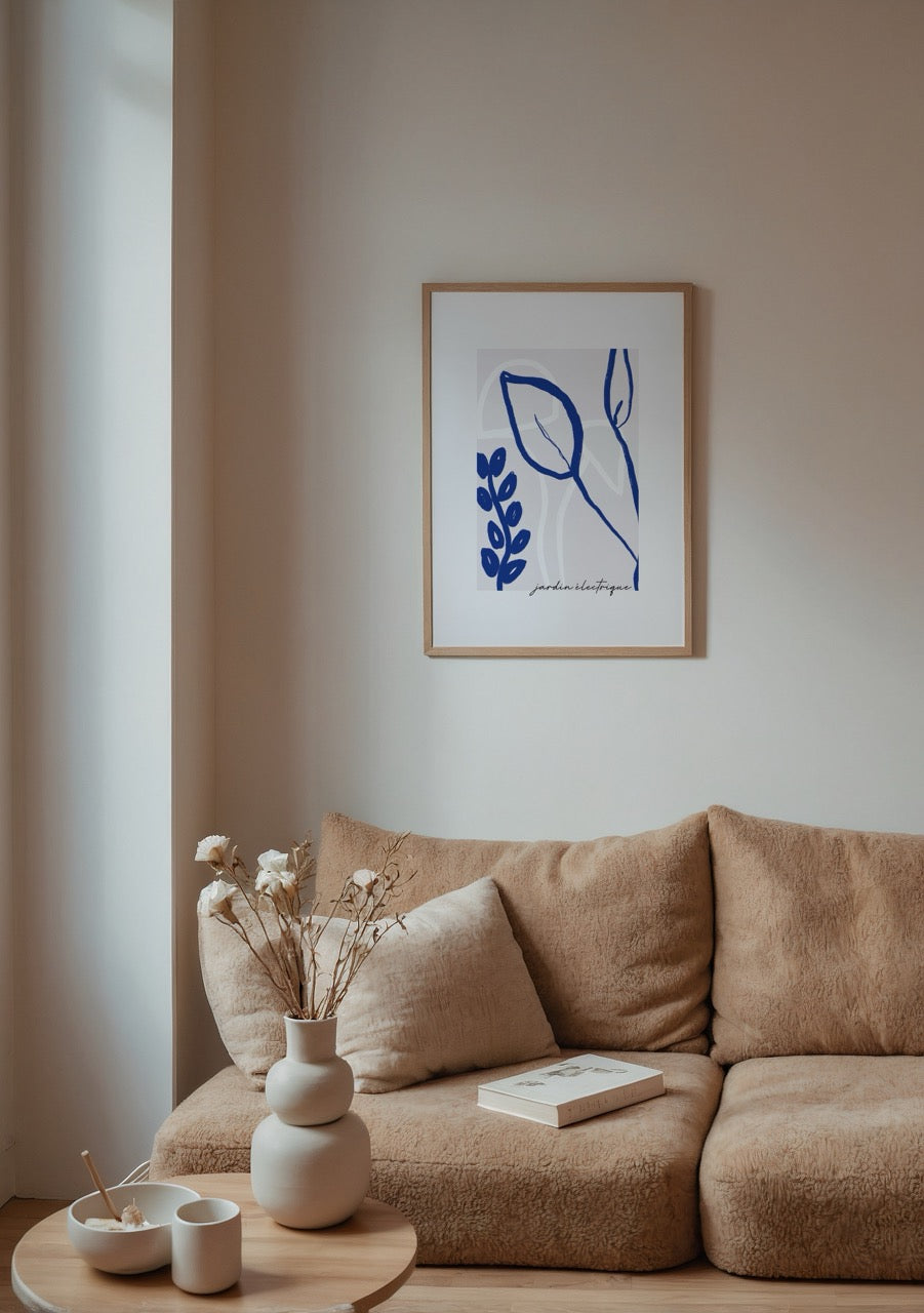 Mavi çizgilerle yapılmış soyut yaprak ve bitki formunda Jardin Électrique posteri