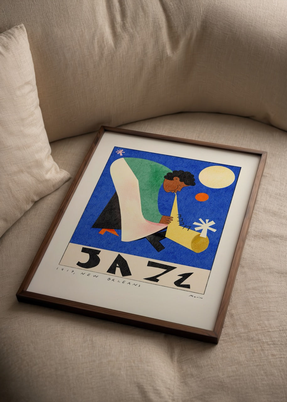 Mavisu Demirağ imzalı Jazz posteri, 1917 New Orleans esintili mavi, yeşil ve sarı tonlarda caz temalı sanat baskısı.