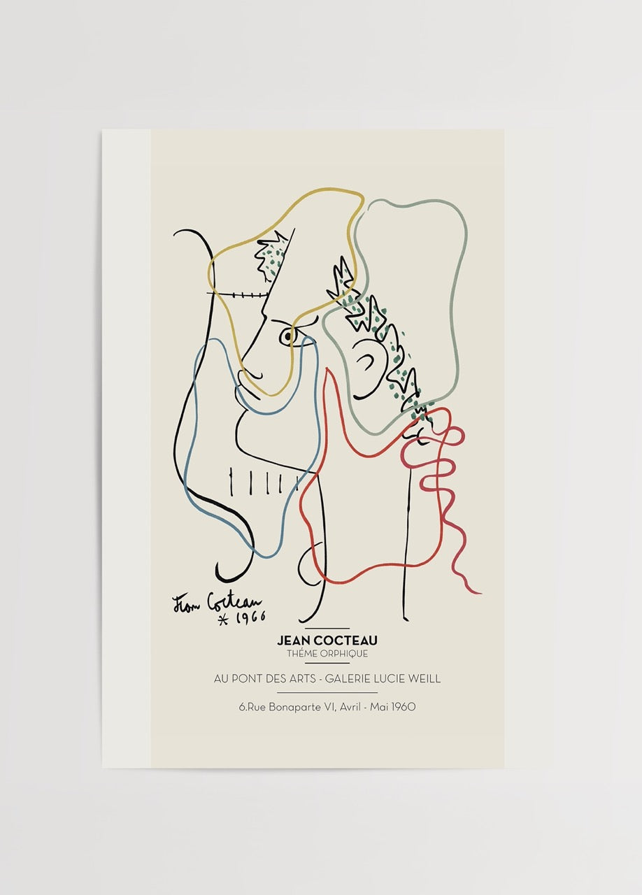 Jean Cocteau’nun Thème Orphique çiziminden ilhamla hazırlanmış çizgisel sanat temalı poster baskı