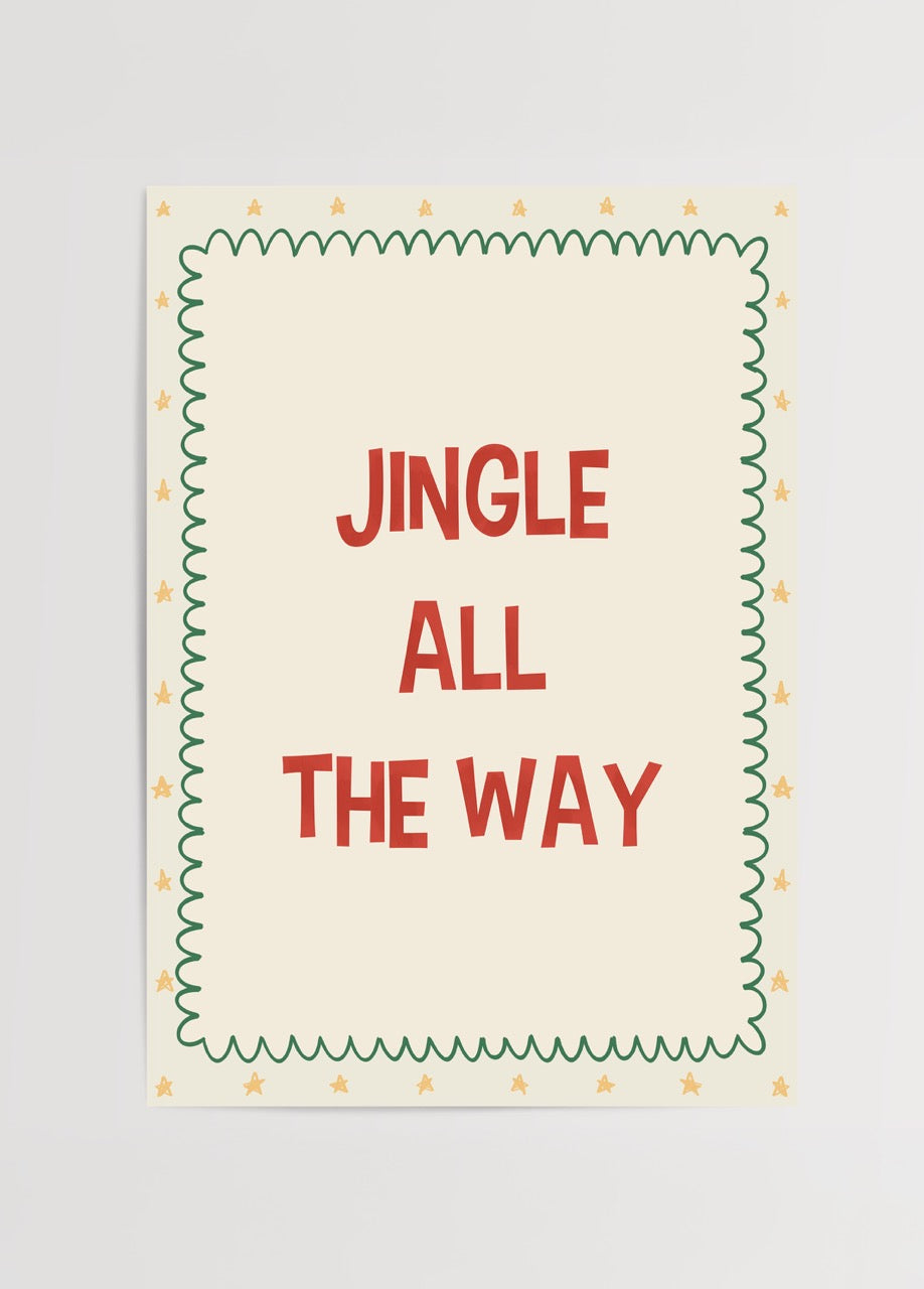 Nergis Sabancı imzalı Jingle Spirit posteri, “Jingle All The Way” tipografisi ve yıldız detaylı yılbaşı temalı illüstrasyon baskısı.