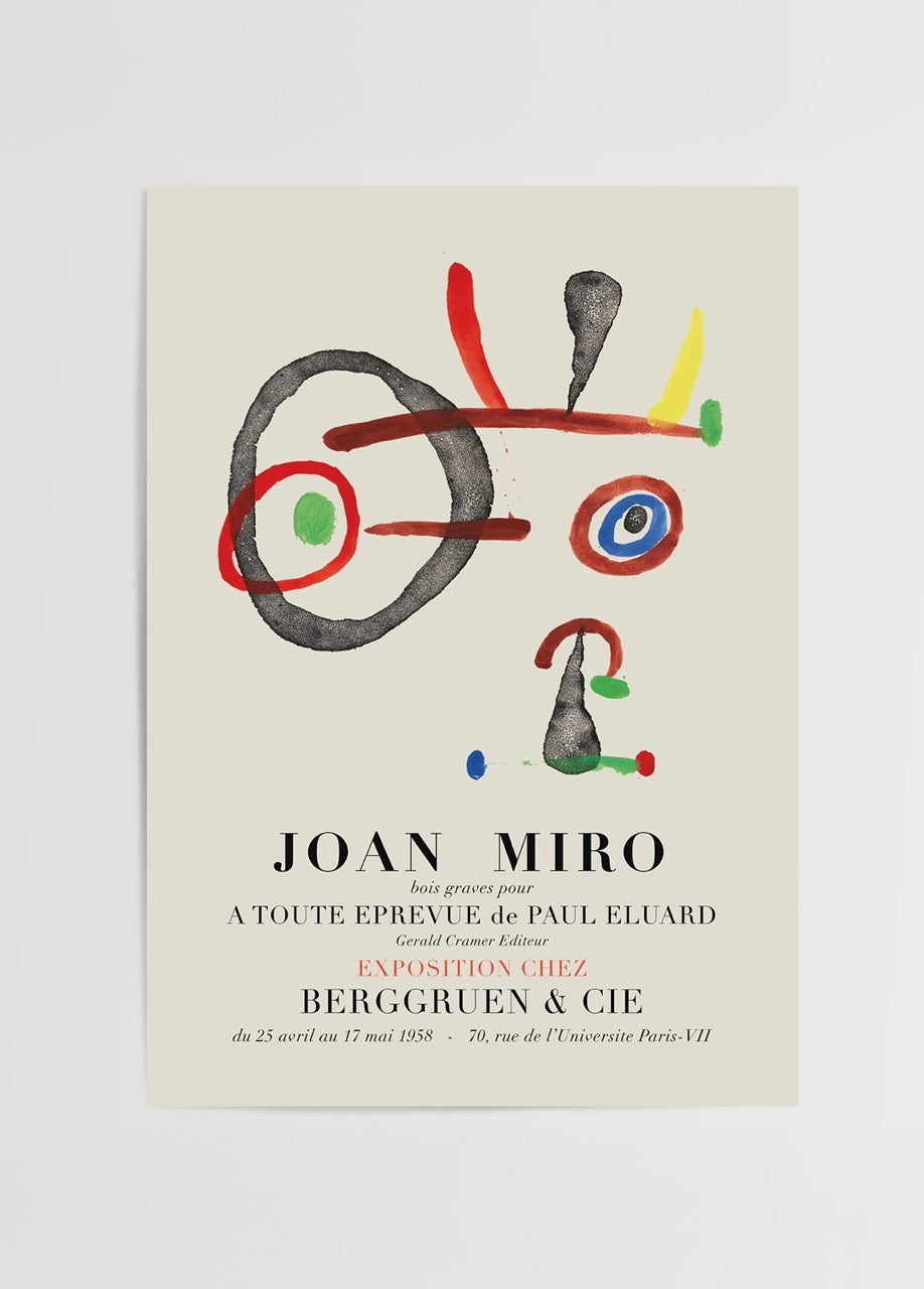 Joan Miró’nun 1958 tarihli, Paul Éluard’ın şiir kitabı için hazırladığı soyut illüstrasyonlardan uyarlanmış renkli poster tasarımı.