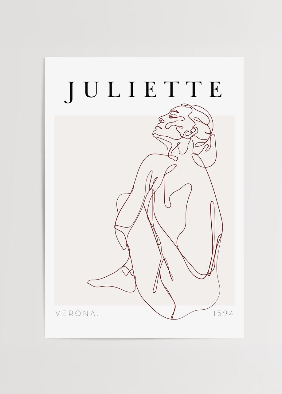 Çizgisel soyut kadın figürü içeren minimalist Juliette poster baskı