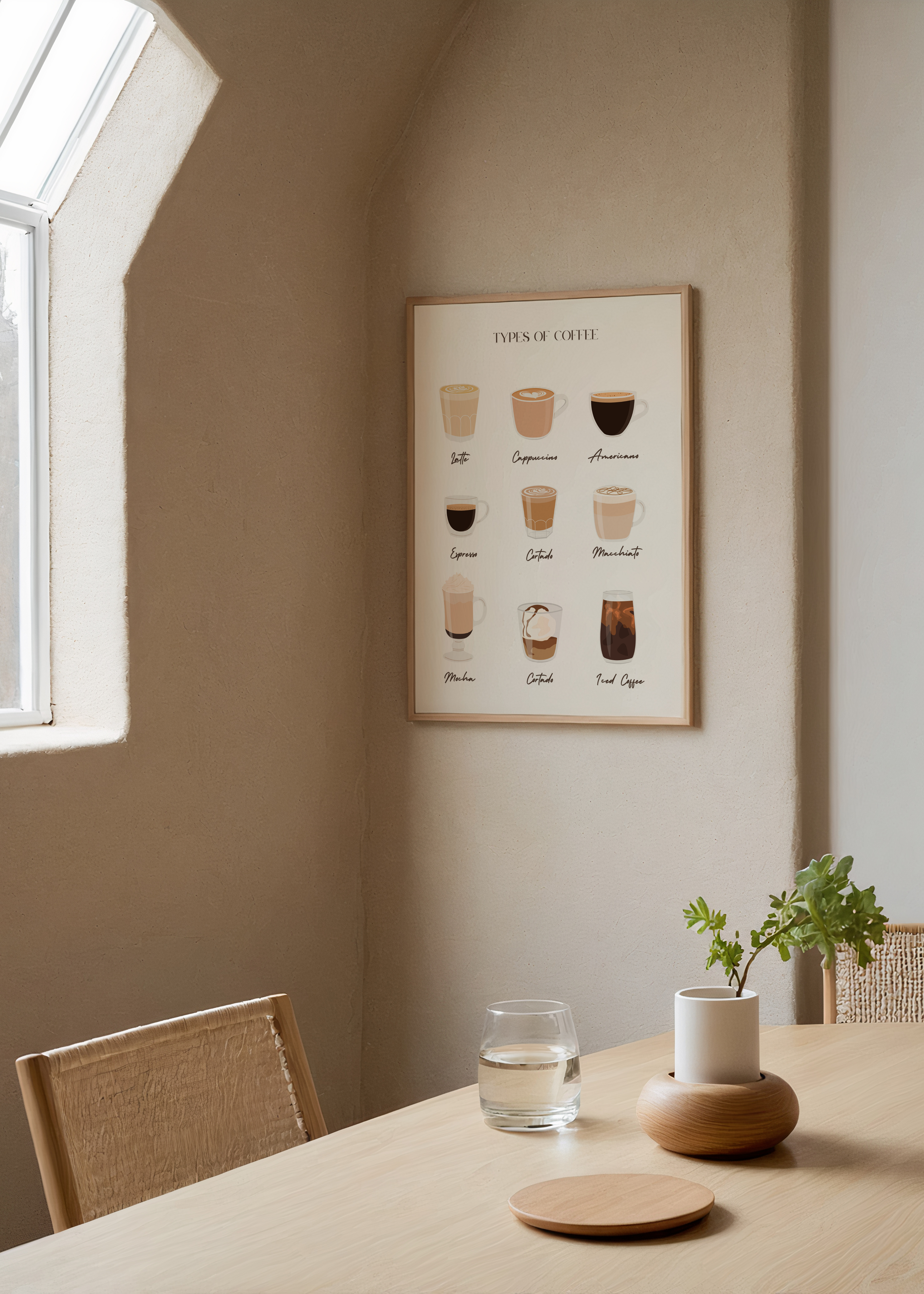 Farklı kahve türlerini tanıtan illüstratif poster baskı – latte, espresso, cappuccino vb.