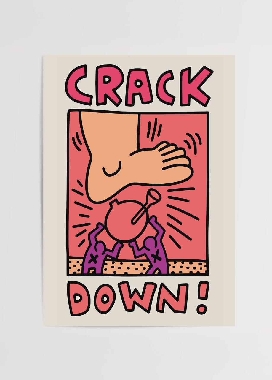 Keith Haring’in baskıya karşı sembolik çizimi olan Crack Down temalı pop art posteri