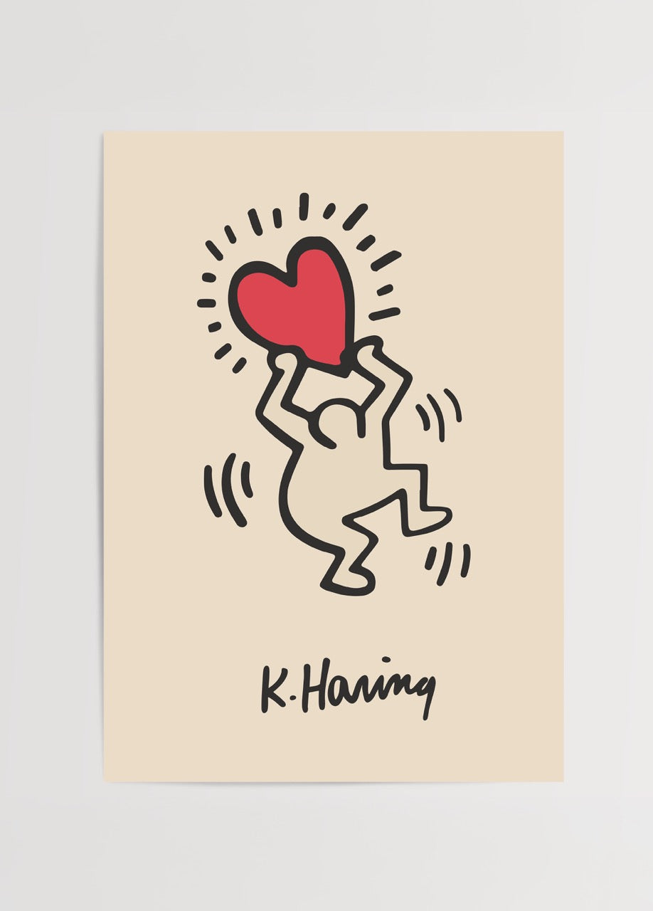 Keith Haring’in kırmızı kalp taşıyan figürünün yer aldığı, sevgi temalı pop art posteri