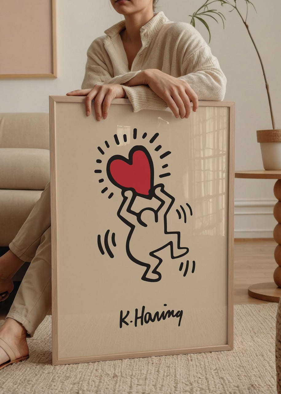 Keith Haring’in kırmızı kalp taşıyan figürünün yer aldığı, sevgi temalı pop art posteri