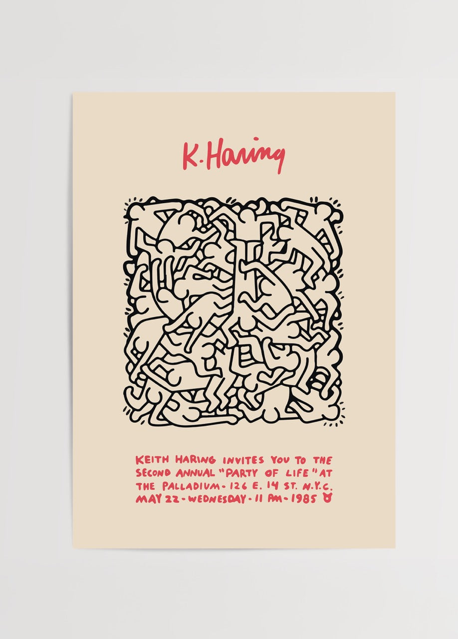 Keith Haring’in “Party of Life” 1985 etkinliğine ait çizim poster baskısı
