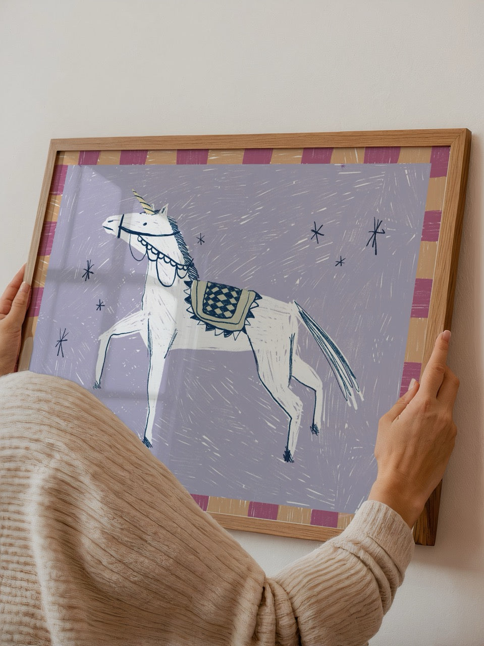 Koşan beyaz at illüstrasyon poster baskı çocuk odası için