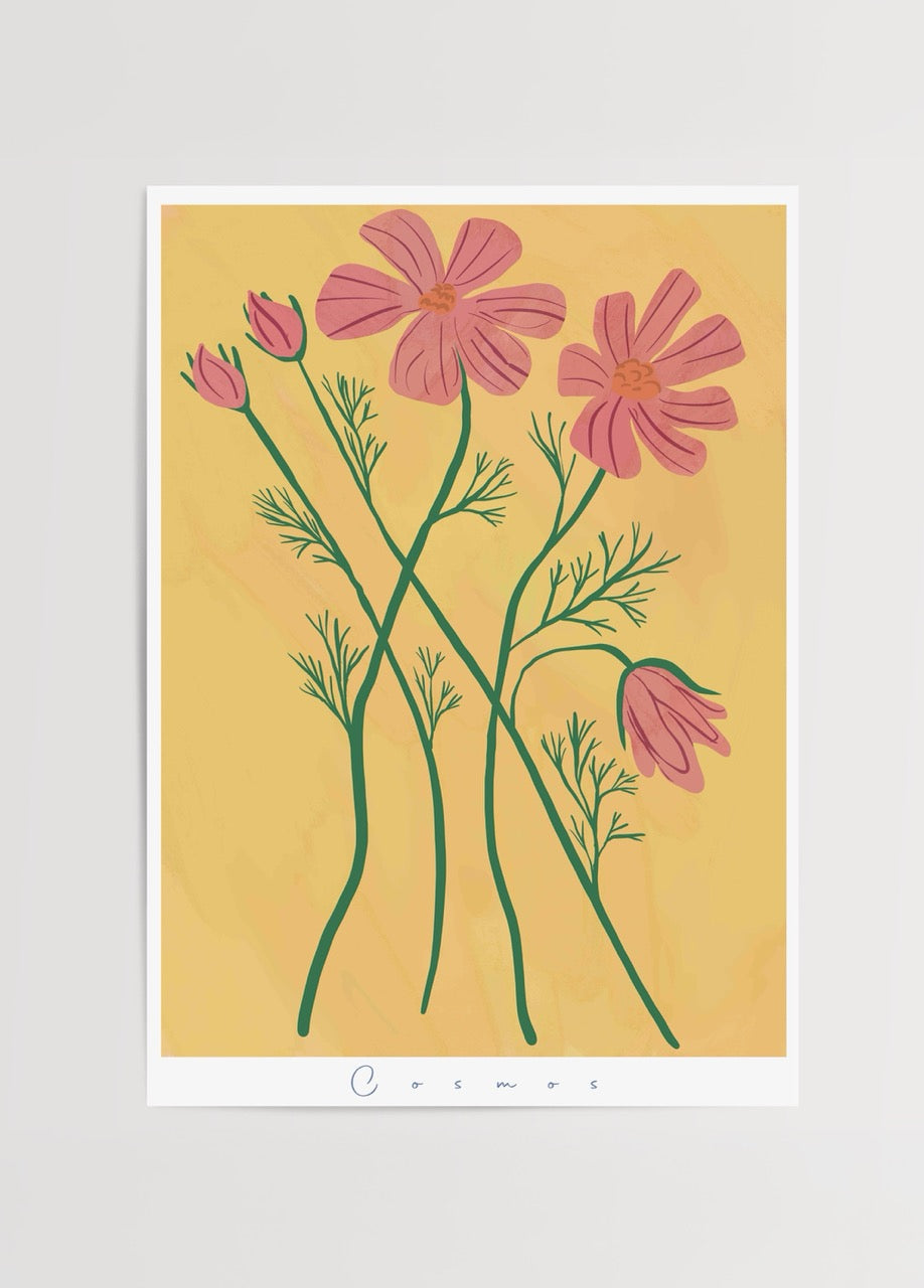 nazlı tarcan kozmos çiçekleri minimalist illüstrasyon poster