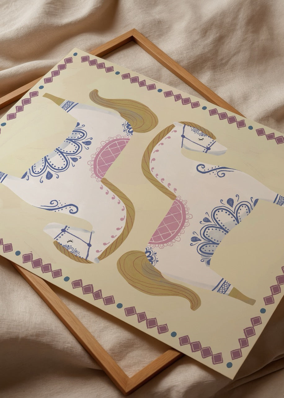 Nazlı Tarcan Krem Beyaz Carousel At illüstrasyon poster baskı