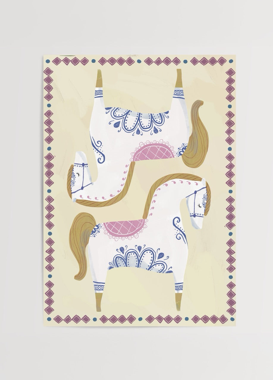 Nazlı Tarcan Krem Beyaz Carousel At illüstrasyon poster baskı