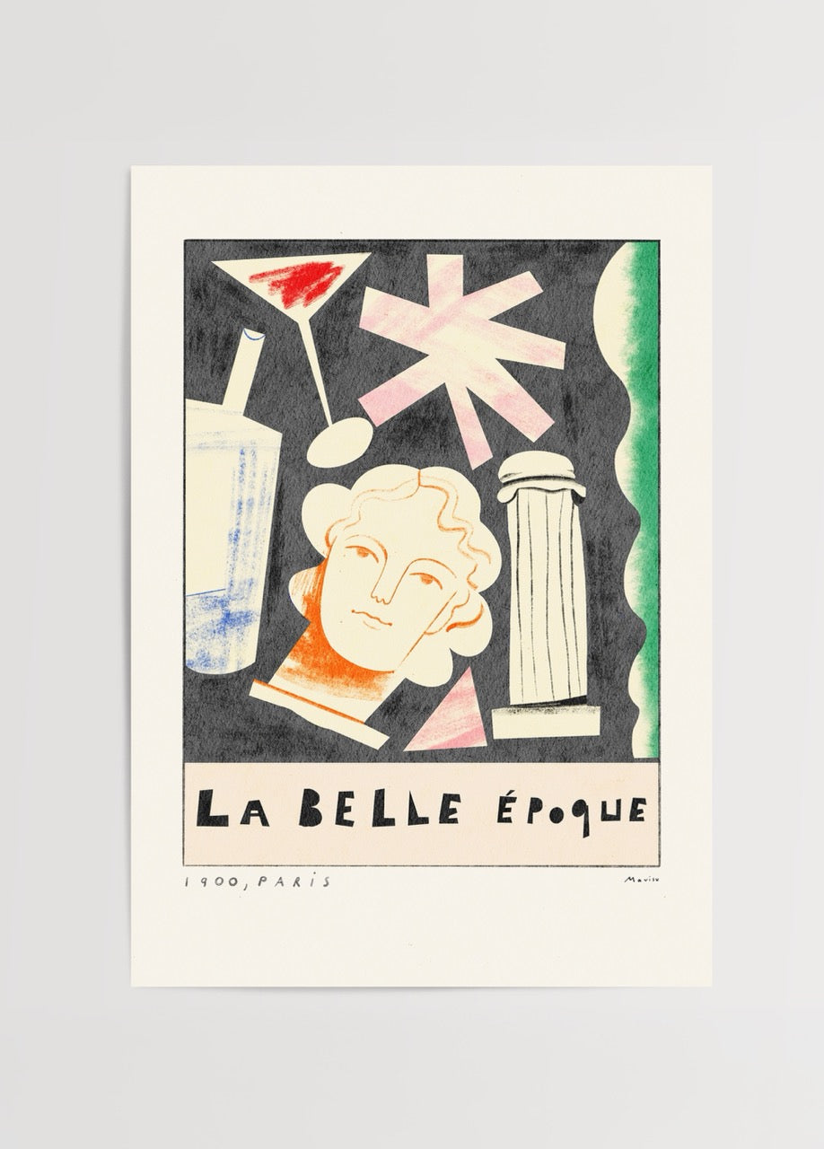 Mavisu Demirağ imzalı La Belle Époque posteri, 1900 Paris döneminden ilham alan pastel renkli, modern-retro sanat baskısı.