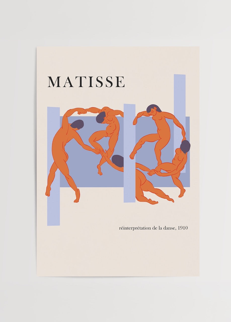 Henri Matisse’in La Danse eserinden ilhamla tasarlanmış dans eden figürlü modern sanat posteri
