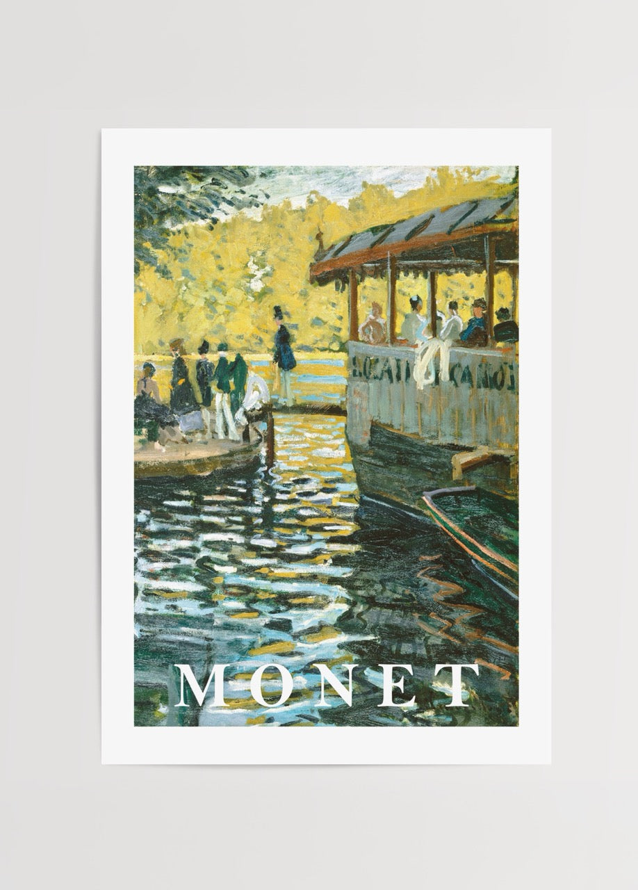 Claude Monet’nin La Grenouillère tablosunun poster baskısı, nehir kenarında sosyal yaşam sahnesi