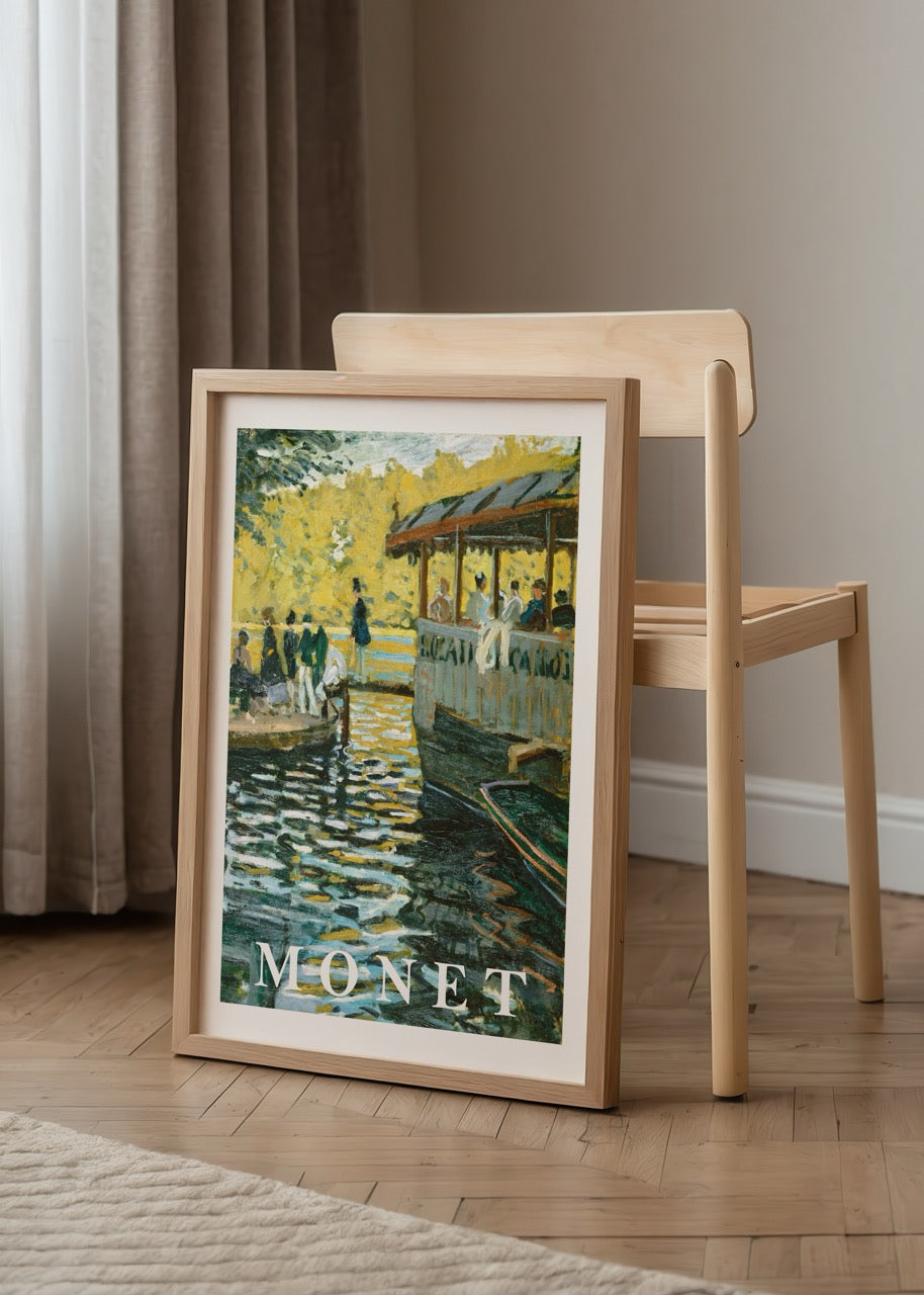 Claude Monet’nin La Grenouillère tablosunun poster baskısı, nehir kenarında sosyal yaşam sahnesi