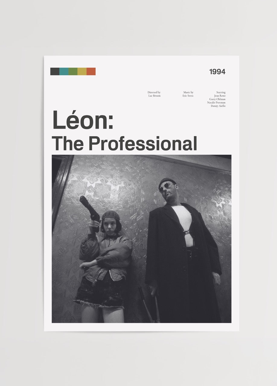 Siyah beyaz Léon: The Professional filminden bir kare içeren minimalist film posteri