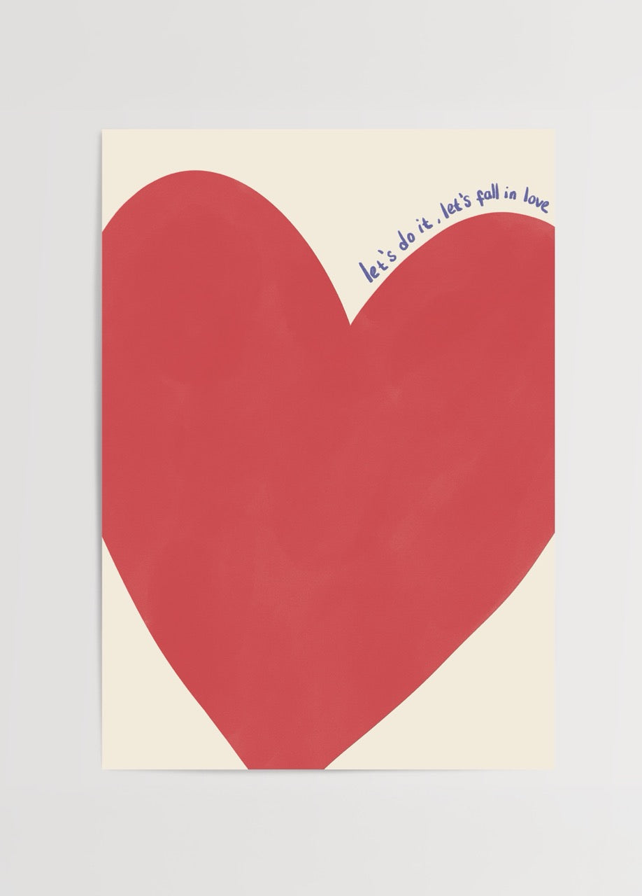 Büyük kırmızı kalp figürlü Let’s Fall In Love yazılı modern romantik poster baskı