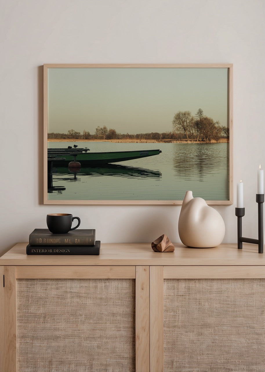 lone boat lake in bialystok minimal dogal manzara fotograf poster