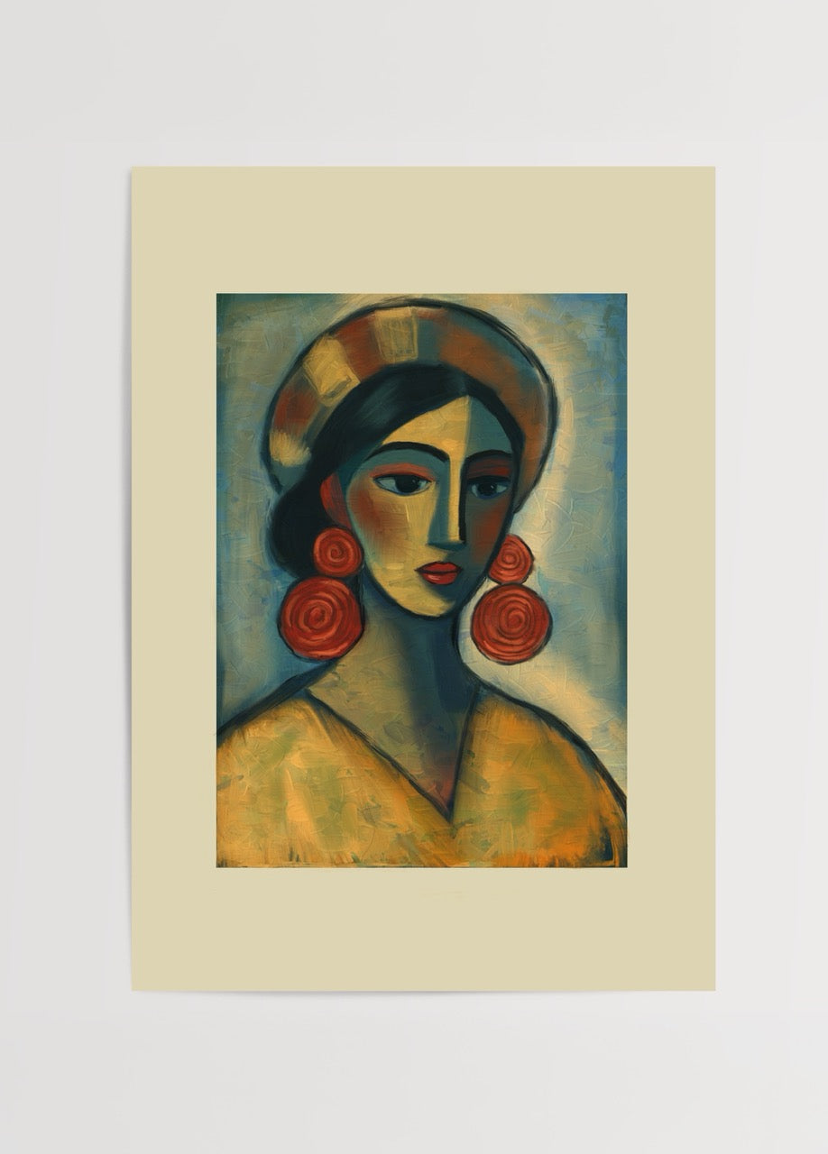 Elif Korkut’un sıcak ve mavi tonlarla resmettiği modern portre illüstrasyon posteri.