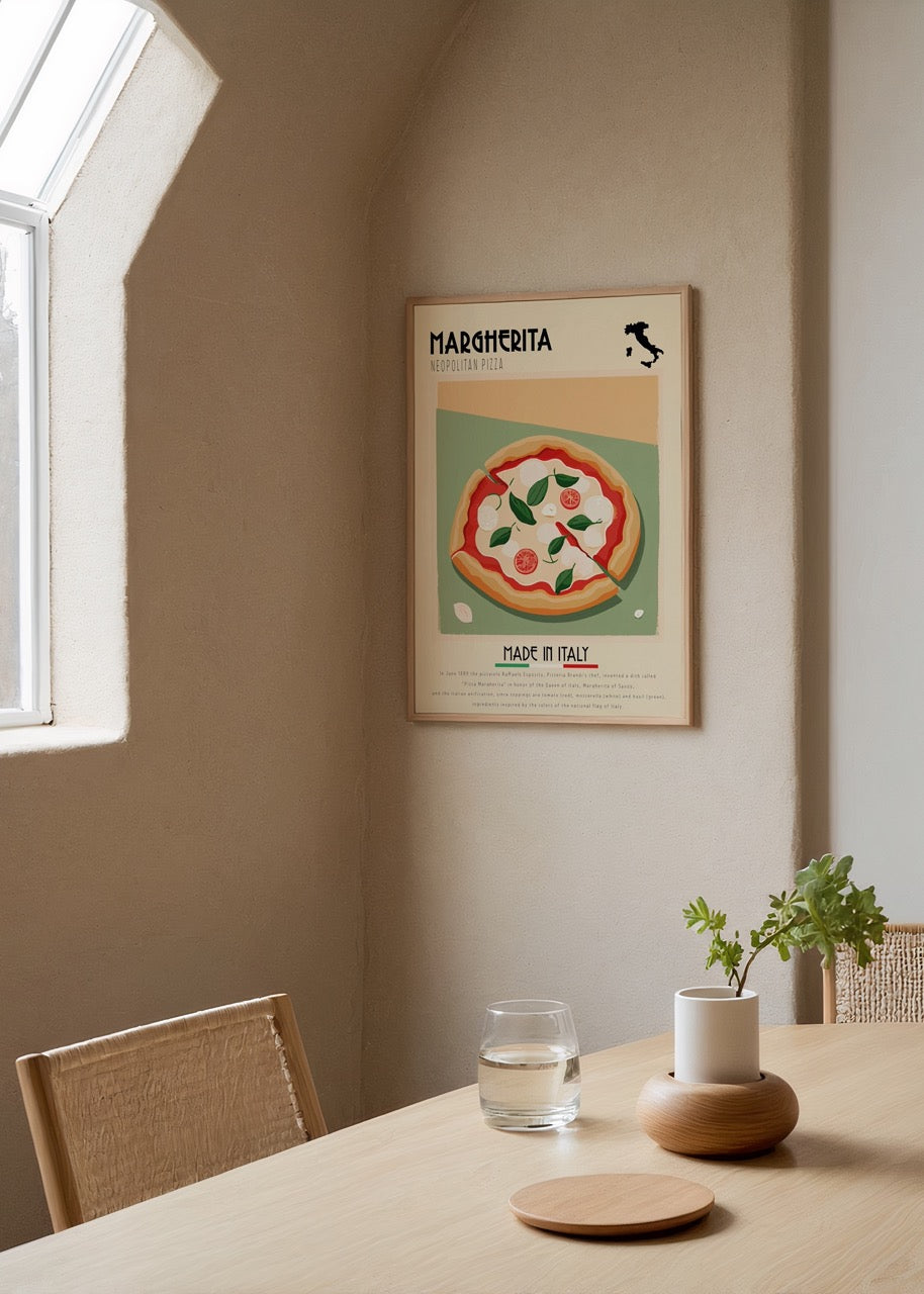Üzerinde fesleğenli margherita pizza illüstrasyonu bulunan İtalyan stil poster baskı