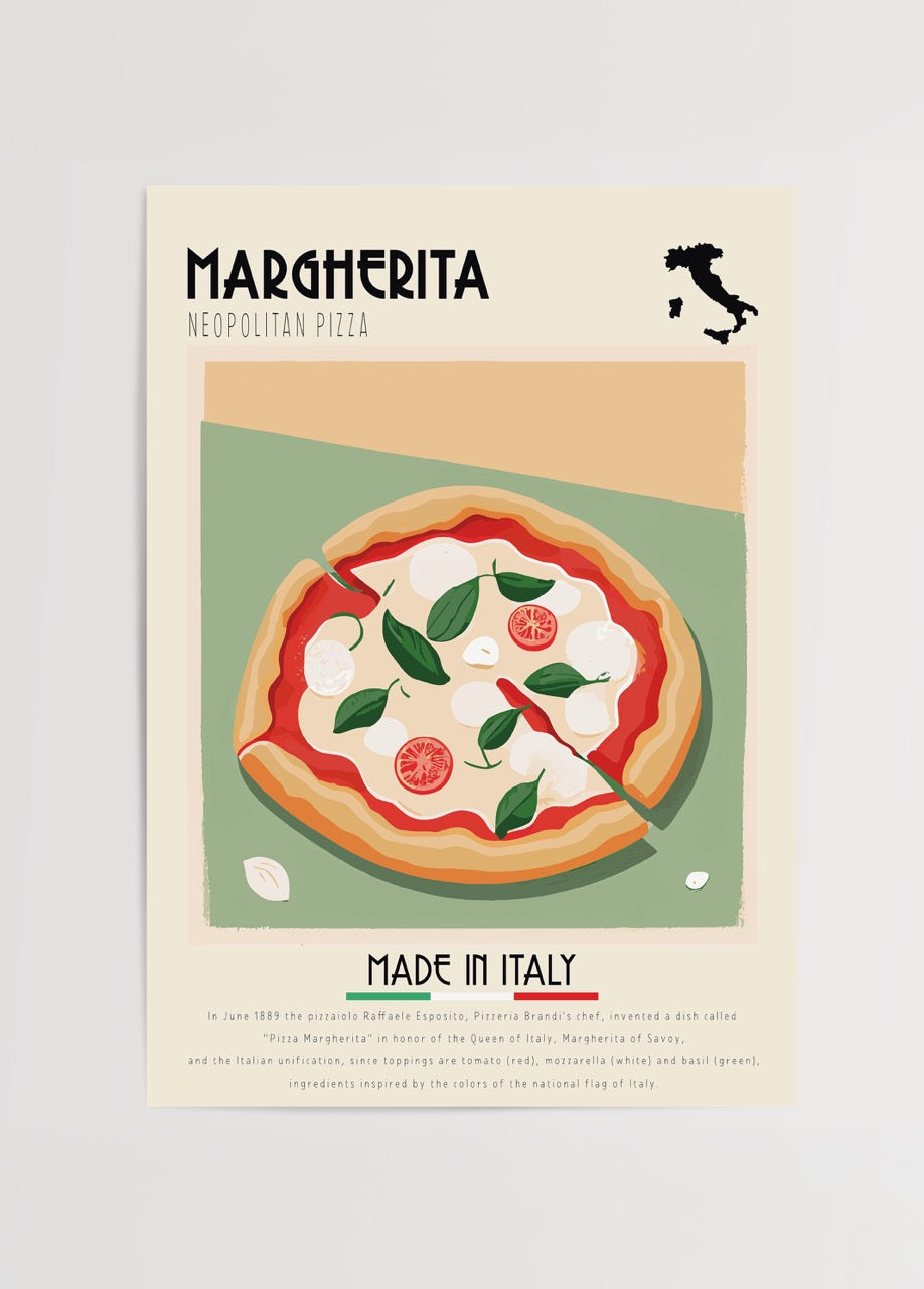 Üzerinde fesleğenli margherita pizza illüstrasyonu bulunan İtalyan stil poster baskı