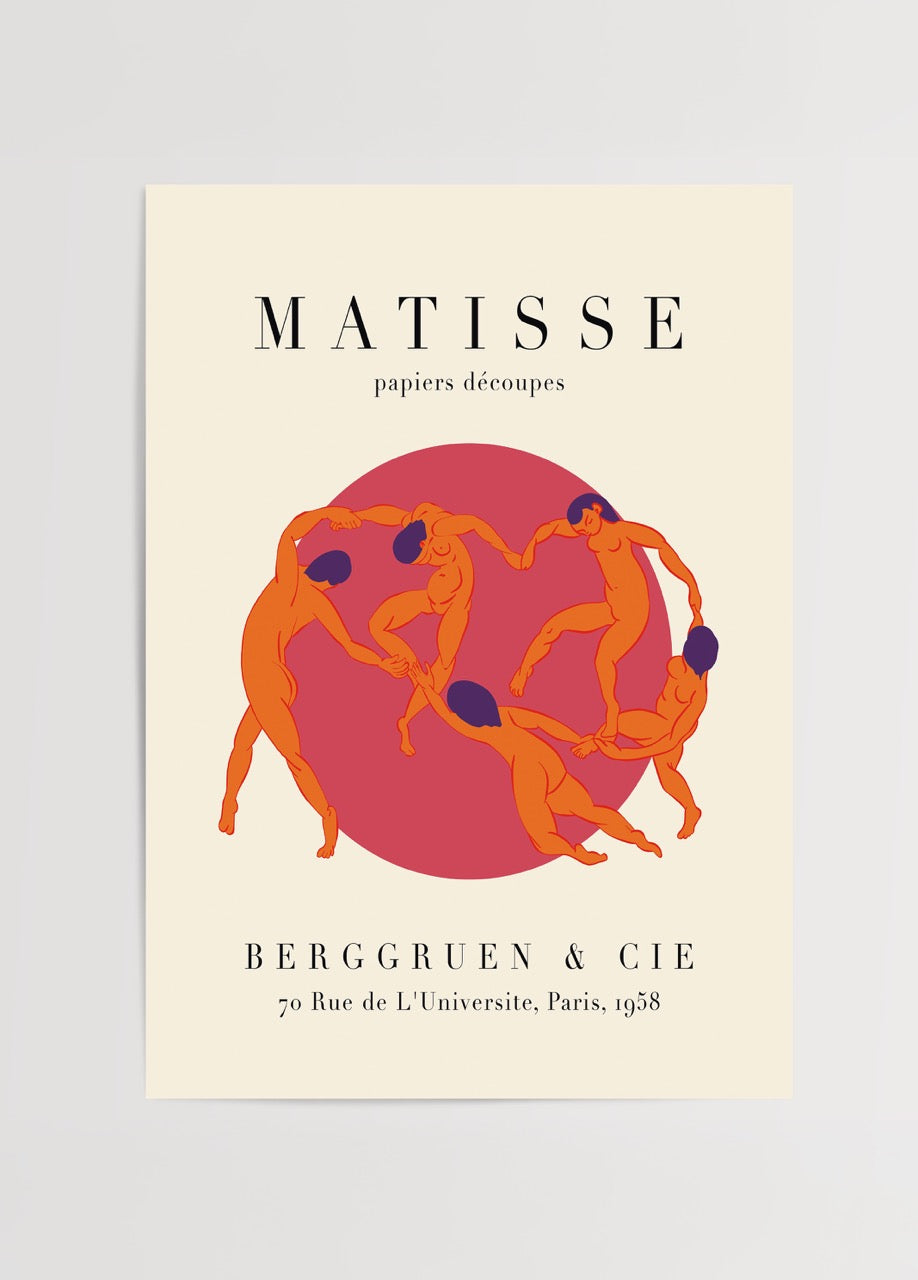 Matisse’in dans eden figürlerinden ilhamla oluşturulmuş modern çizimli Fransız sanat posteri