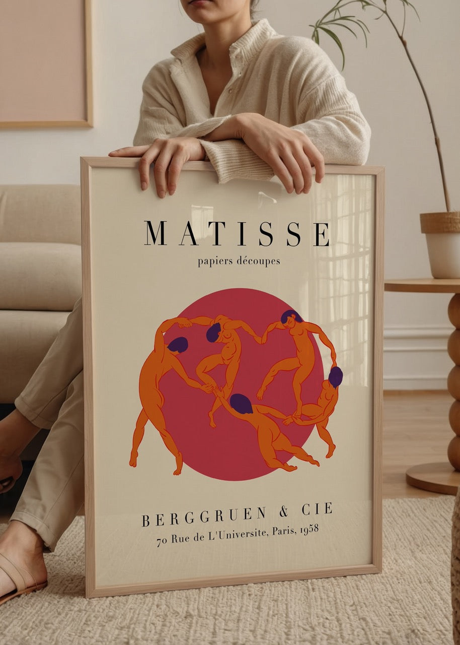 Matisse’in dans eden figürlerinden ilhamla oluşturulmuş modern çizimli Fransız sanat posteri