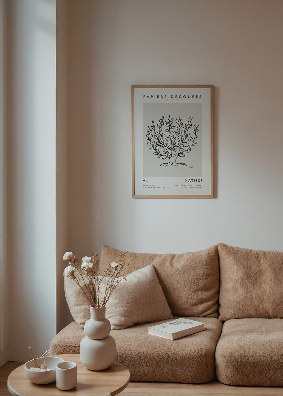 Henri Matisse’in siyah beyaz çizimlerinden esinlenerek tasarlanmış bitki desenli modern poster baskı