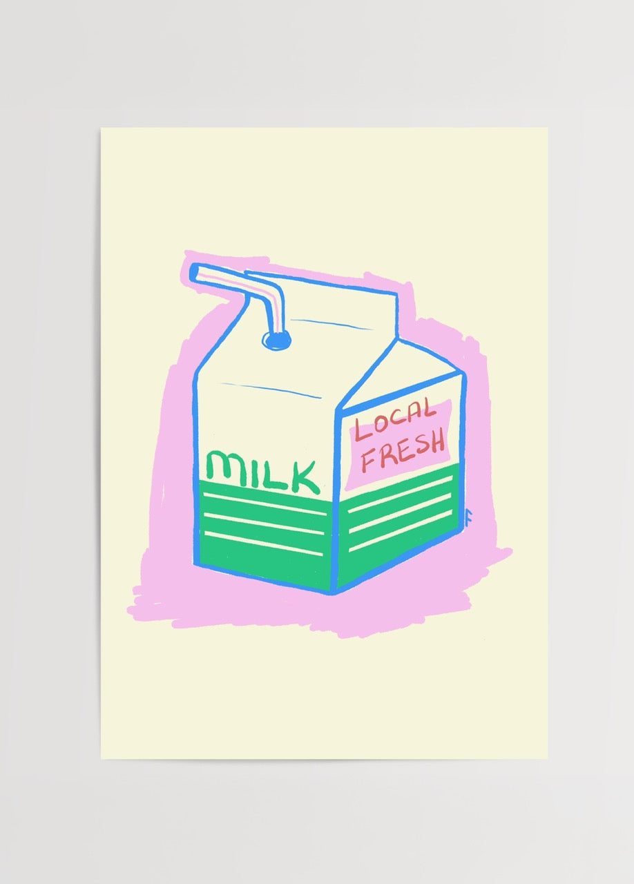 Fulya Genç tarafından tasarlanmış, retro tarzda pastel renklerde süt kutusu illüstrasyon posteri.