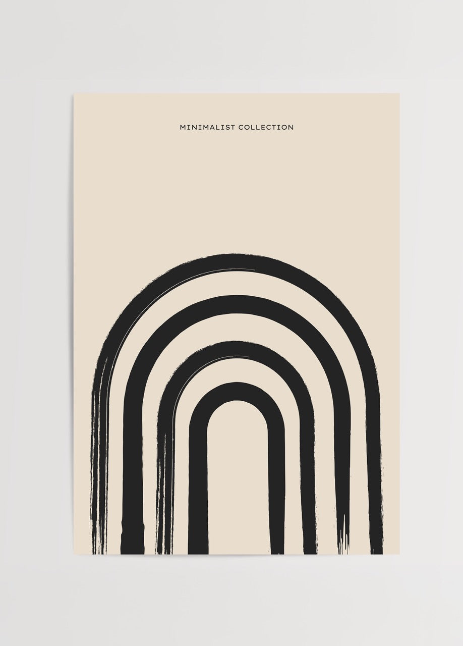 Siyah fırça darbeleriyle oluşturulmuş kemer desenli minimalist poster baskısı, bej arka plan üzerinde