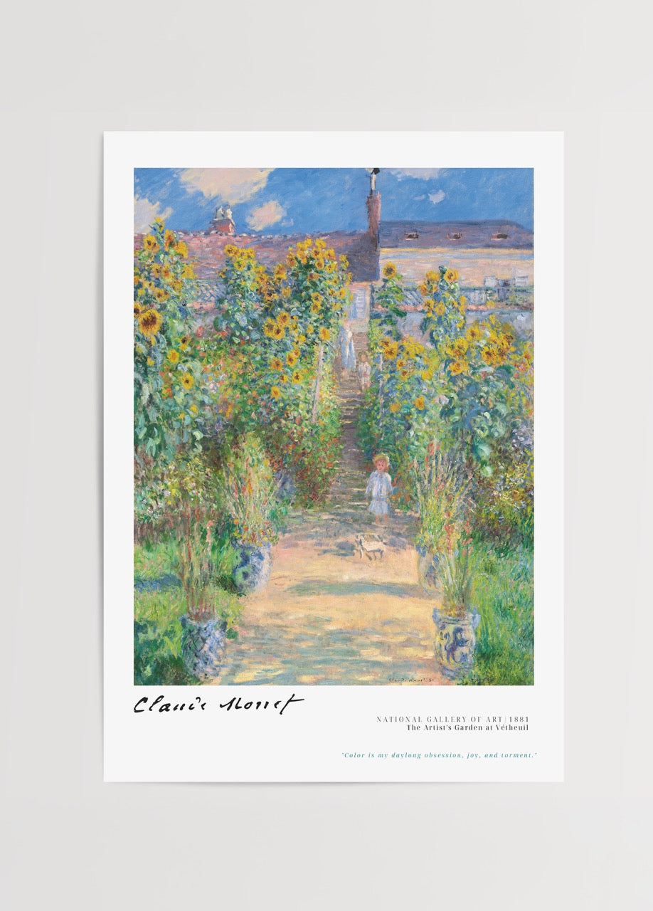 Claude Monet’nin Vétheuil’deki sanatçı bahçesini gösteren ayçiçekli klasik tablo posteri