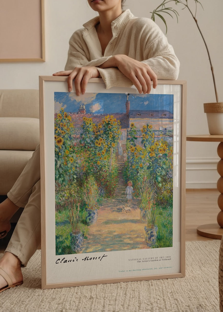 Claude Monet’nin Vétheuil’deki sanatçı bahçesini gösteren ayçiçekli klasik tablo posteri