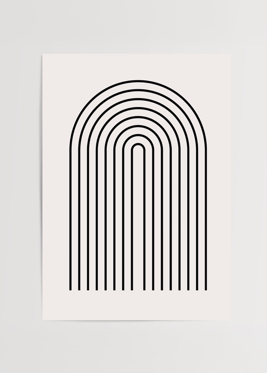 Açık bej zemin üzerinde siyah çizgilerle oluşturulmuş minimalist kemer figürlü modern poster