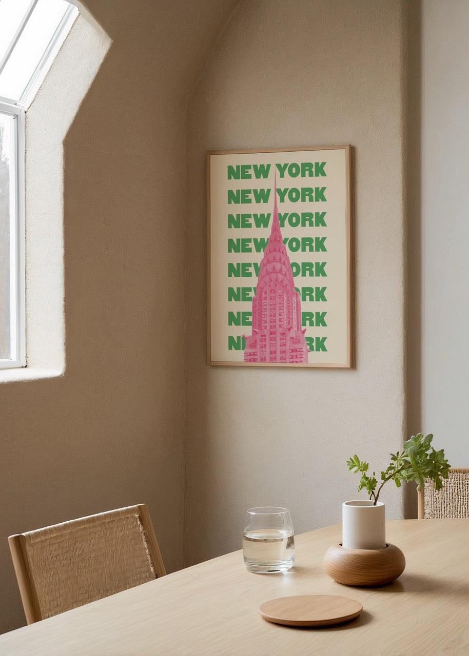 New York Chrysler Binası pop art tarzında pembe poster baskı