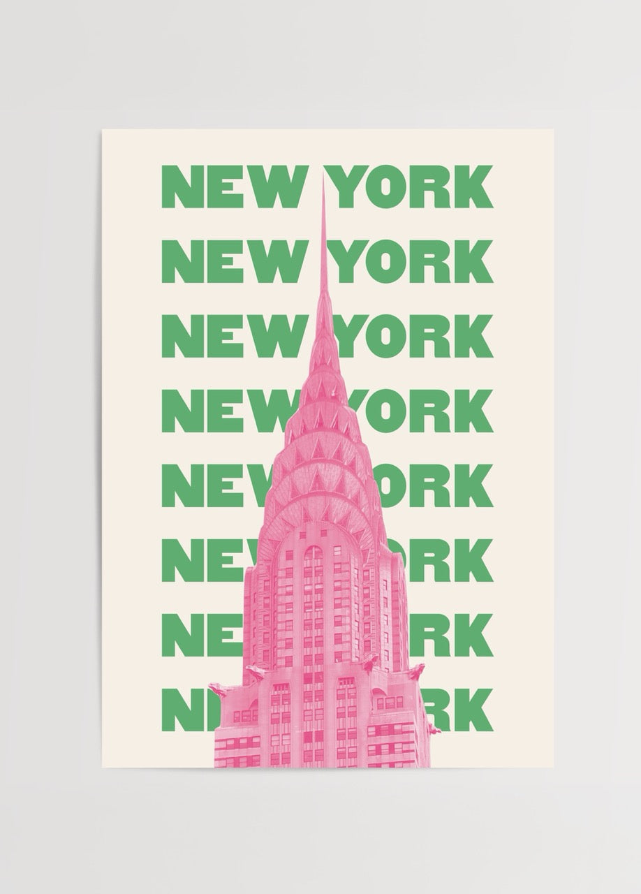 New York Chrysler Binası pop art tarzında pembe poster baskı