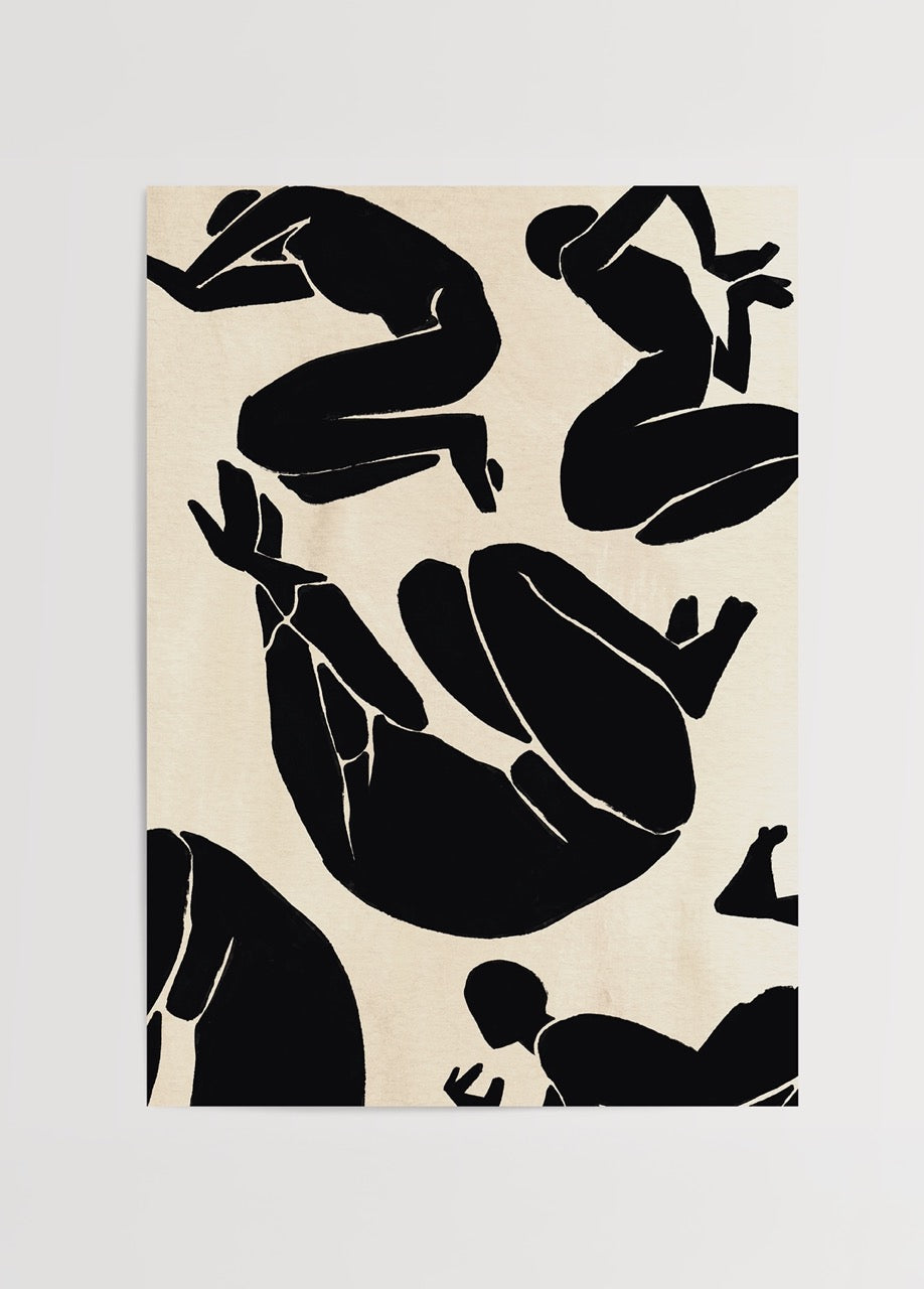 Siyah soyut kadın figürlerinin bej zemin üzerinde yer aldığı modern minimalist sanat posteri