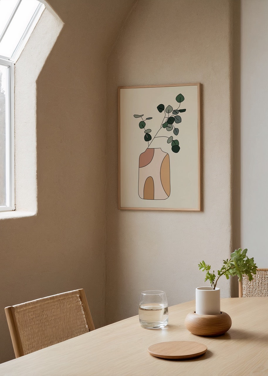 Soyut formlu vazo içinde okaliptüs dalları bulunan modern minimalist bitki illüstrasyonu poster baskısı
