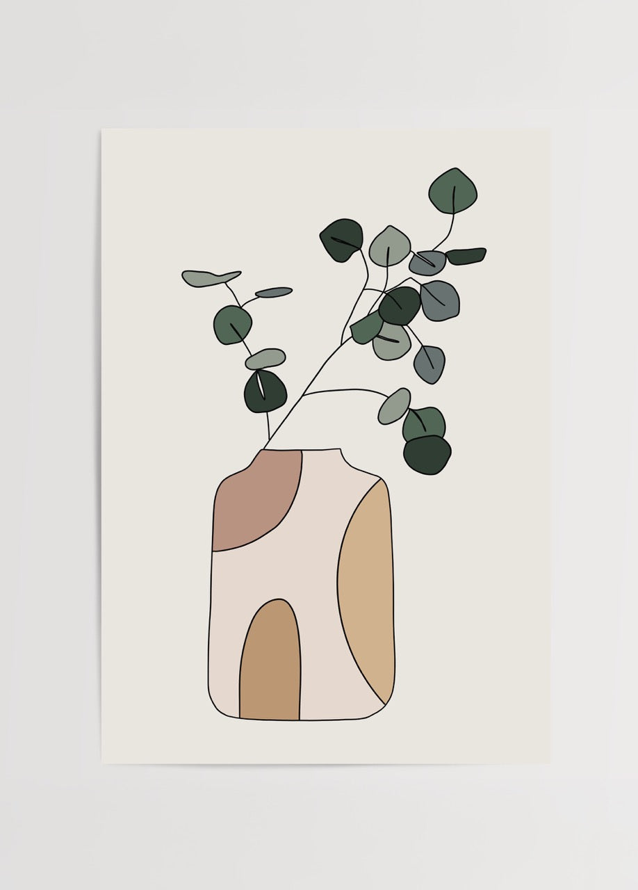 Soyut formlu vazo içinde okaliptüs dalları bulunan modern minimalist bitki illüstrasyonu poster baskısı