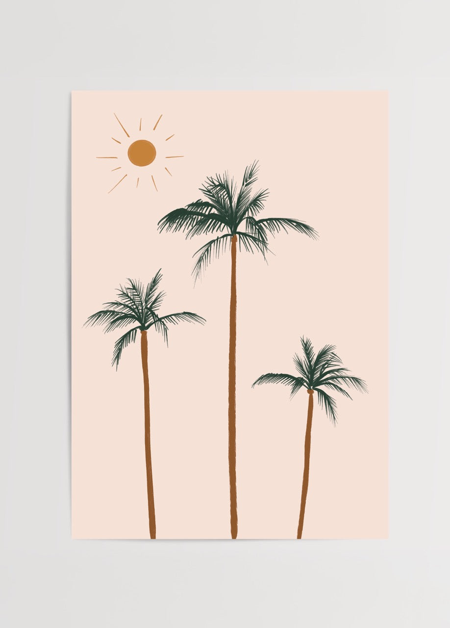 Üçlü palmiye ve güneş illüstrasyonlu minimal yaz temalı poster baskı
