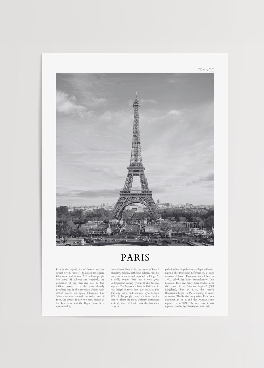 Paris’te Eyfel Kulesi’nin siyah beyaz fotoğrafı ile tasarlanmış şehir posteri