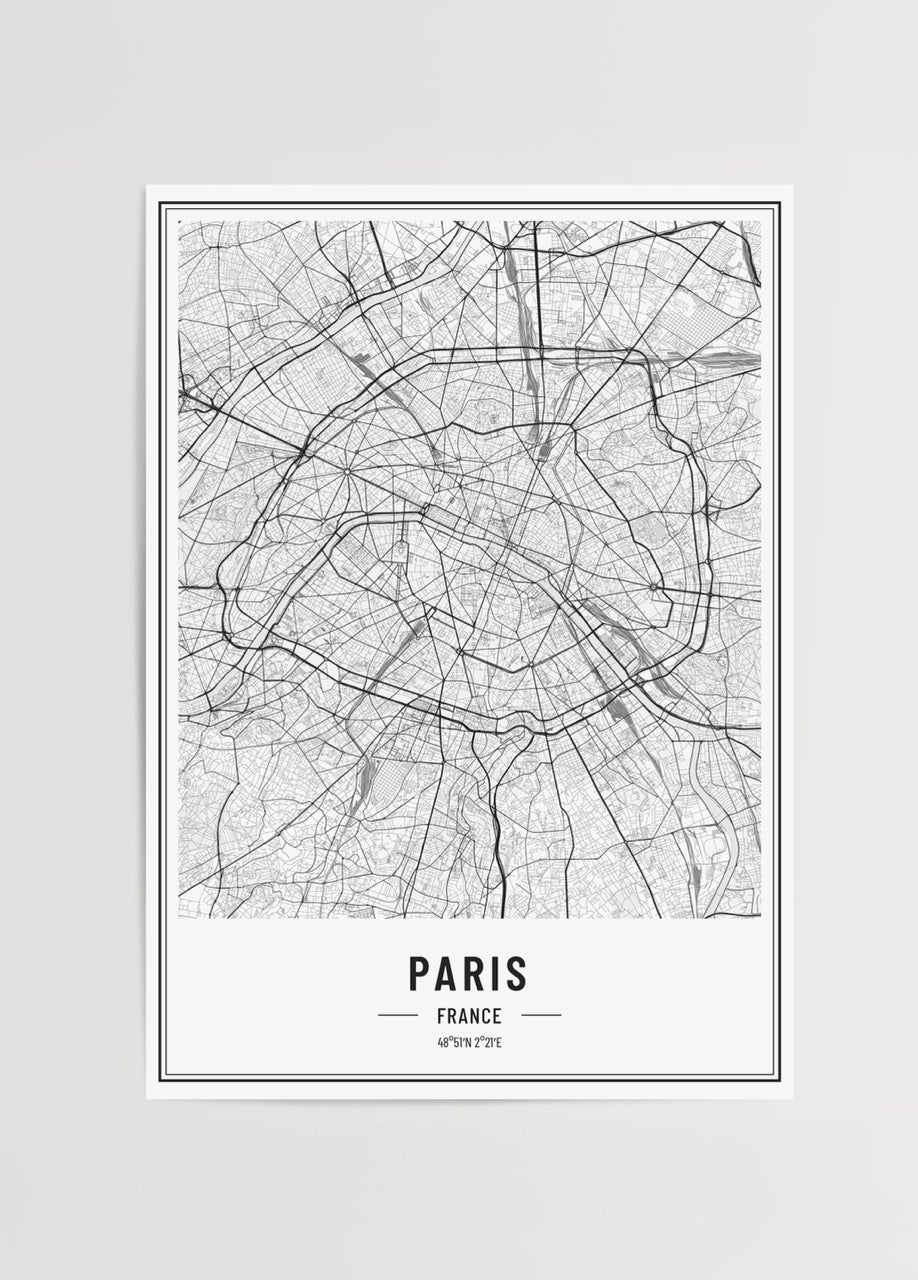 Siyah beyaz çizgisel Paris şehir haritası posteri
