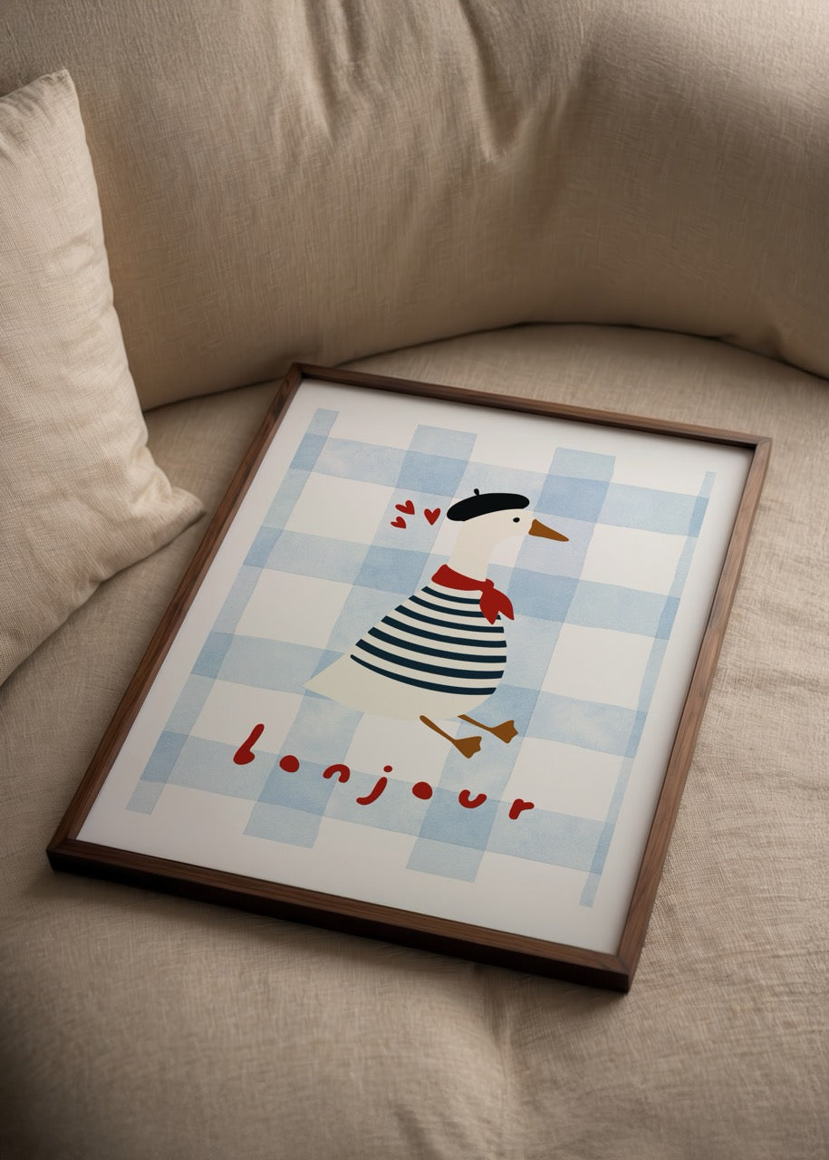 Parisian Goose Bonjour illüstrasyon posteri – bereli ve fularlı kaz tasarımı, Yaren Ünlü