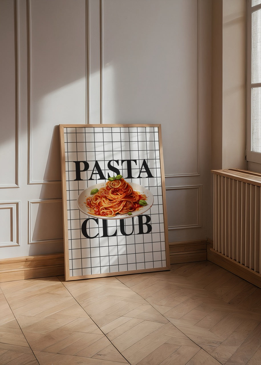 Izgara desenli arka plan üzerinde makarna illüstrasyonu bulunan modern mutfak posteri
