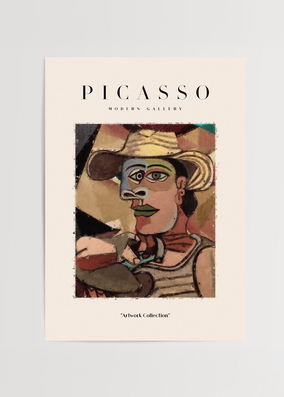 Picasso tarzı kübist kadın portresi içeren renkli modern sanat posteri