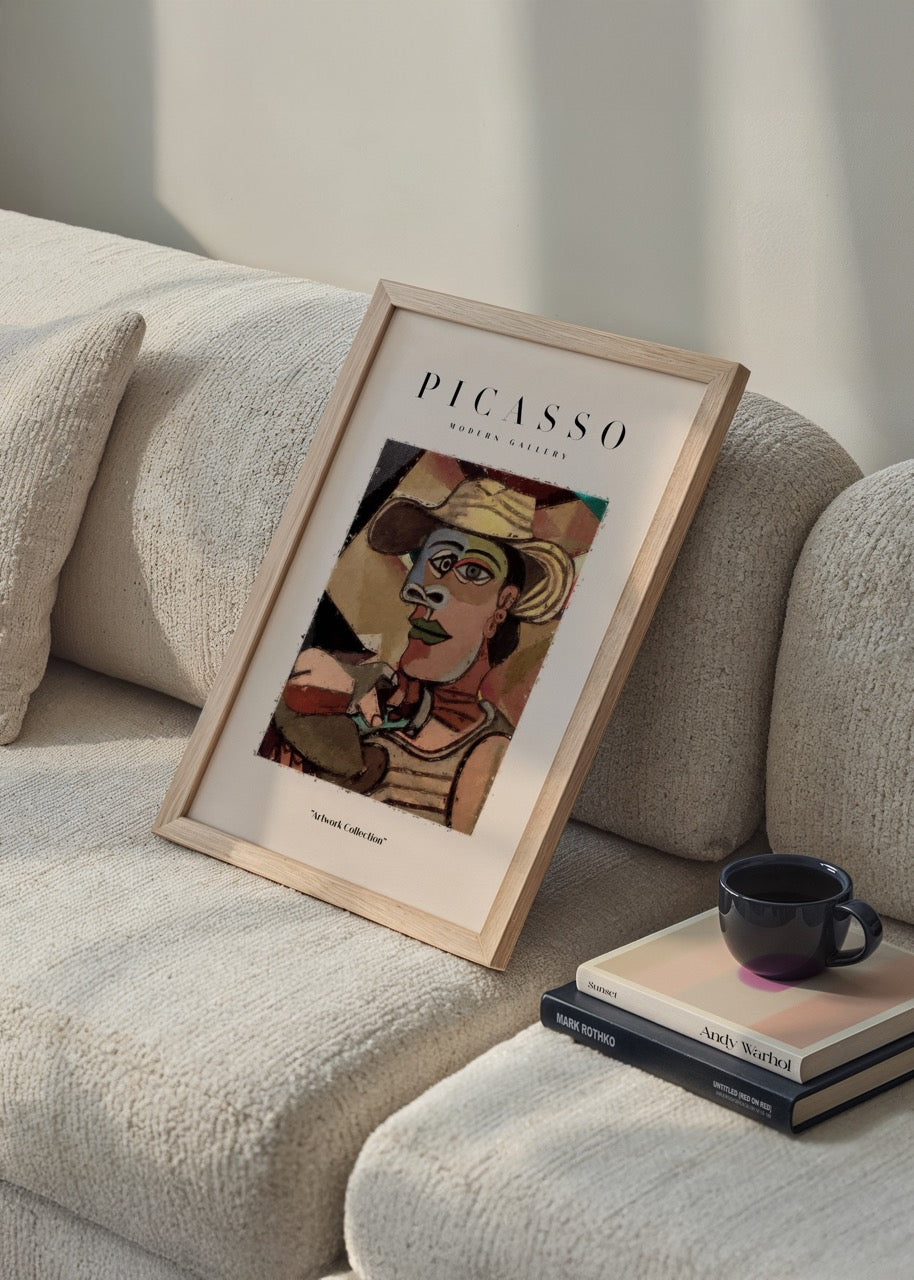 Picasso tarzı kübist kadın portresi içeren renkli modern sanat posteri